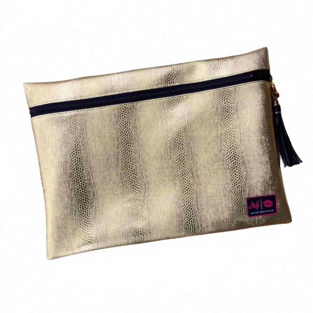 NEW MAKEUP JUNKIE women's jumbo top zipper bag in gold serpent